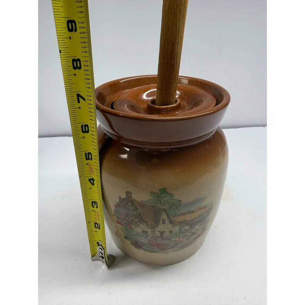Vintage Stoneware Butter Churn Crock with Wooden Dasher Cottage Scene Brown Tan